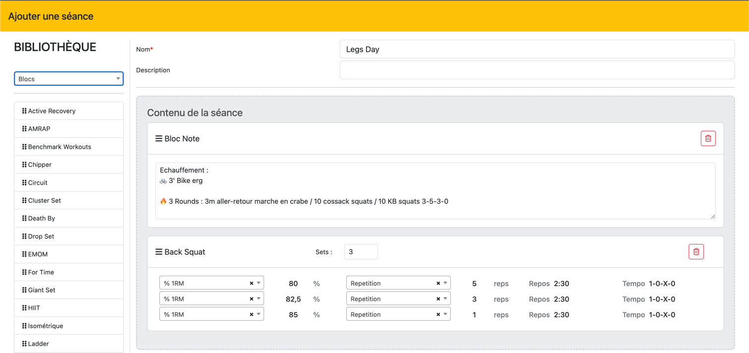 Création d'une séance d'entraînement