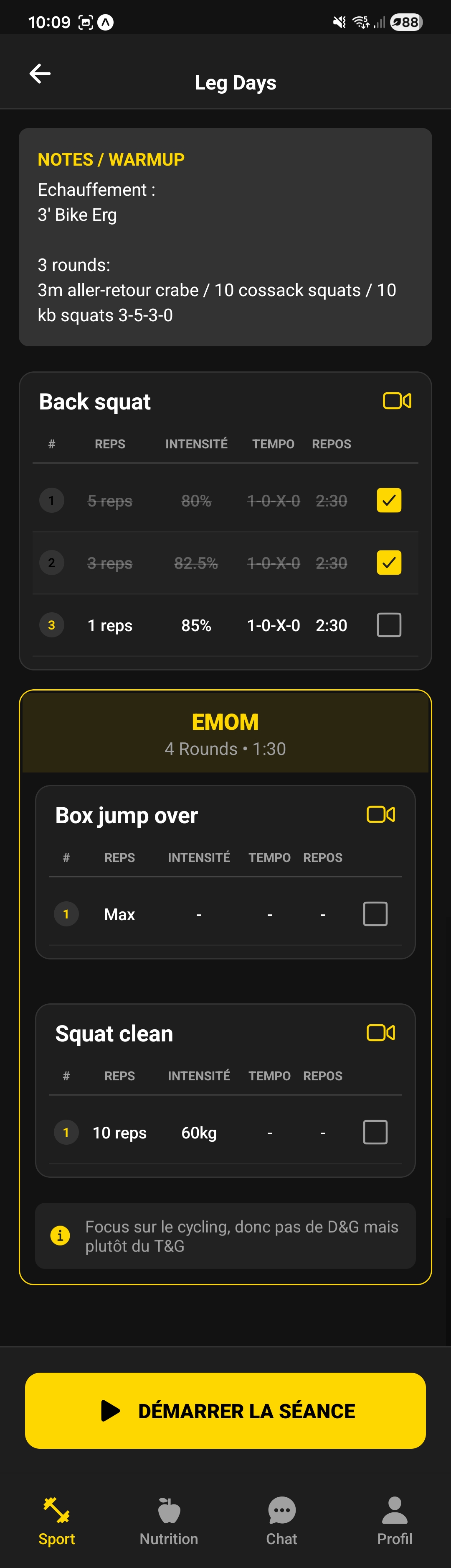 Vu cliente du détail d'une séance